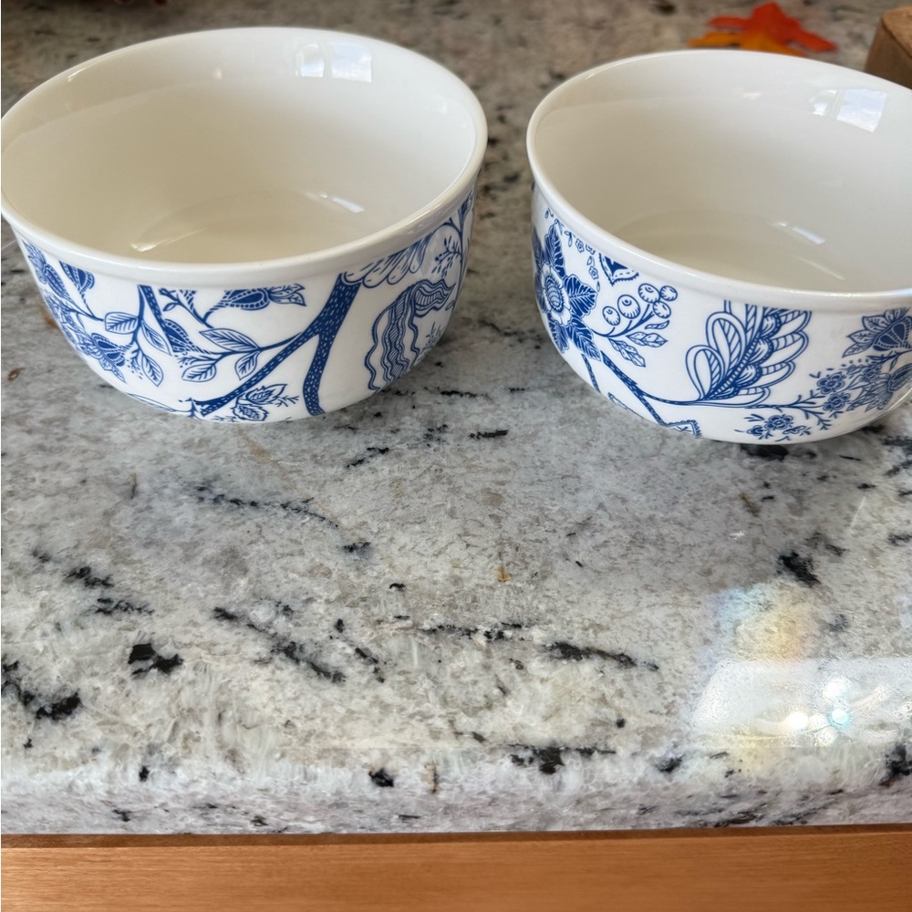 2 Floral Blue and White Ceramic Bowls w/ Lids